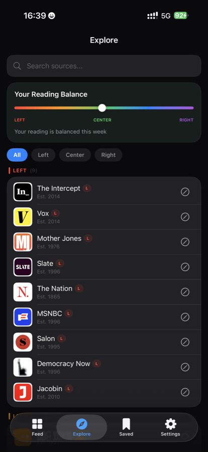 The Explore tab with a Change Bias Rating sheet open, letting you reclassify any source.