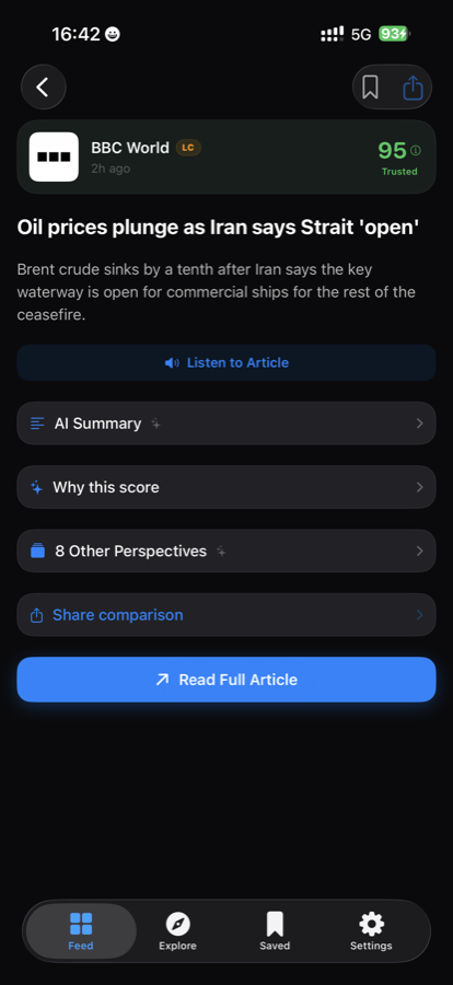 Feed showing a story with a +16 more indicator and a See all 20 perspectives button.