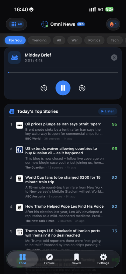 The Morning Brief card expanded with progress bar, skip controls, and play button.