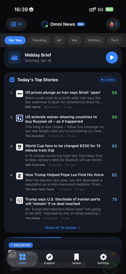 The Feed tab with Today's Top Stories, each article trust-scored and labeled by source.