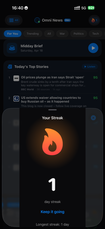 The reading streak sheet showing a flame icon, current streak count, and longest streak.