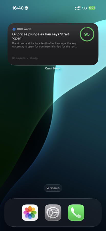An iPhone home screen with the Omni News widget showing a top story and its trust score.